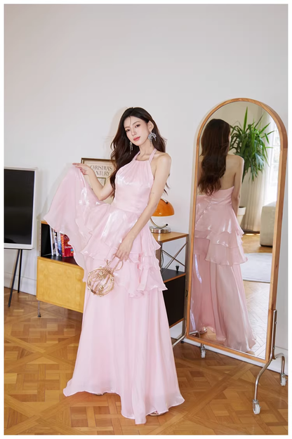 Classy Halter Pink Satin Ruffles Long Birthday Party Dress Evening Dress D2428