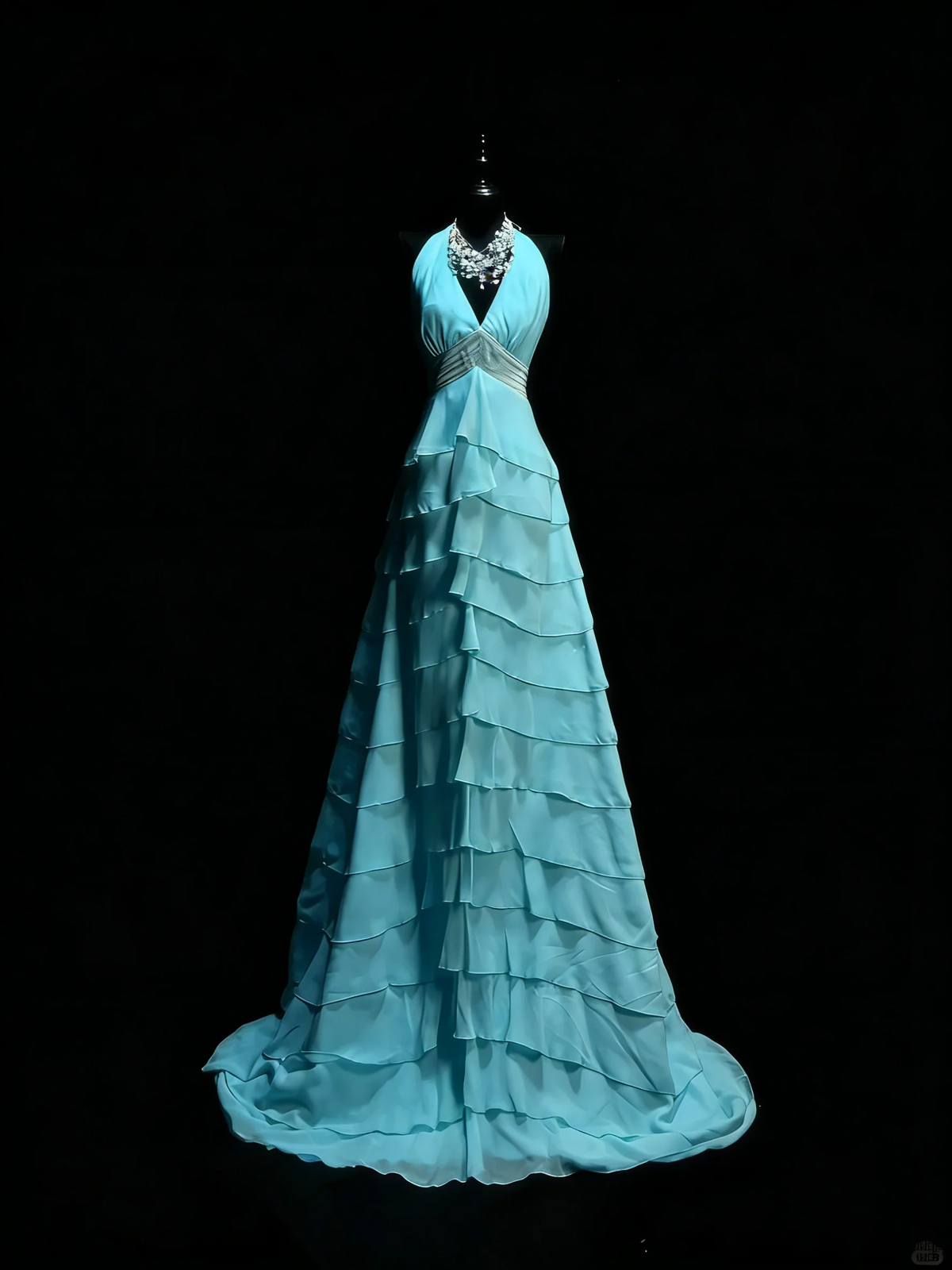 Classy Halter V Neck Blue Chiffon Tiered Ruffle Mermaid Long Party Dress Evening Dress D4890