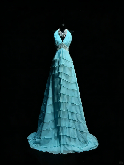 Classy Halter V Neck Blue Chiffon Tiered Ruffle Mermaid Long Party Dress Evening Dress D4890