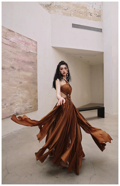 Sexy Halter Caramel Backless Satin Long party Dress Evening Gown D2419