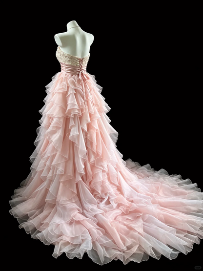 Pretty Strapless Lace Beaded Chiffon Ruffle Pink Long Party Dress Evening Dress D5295