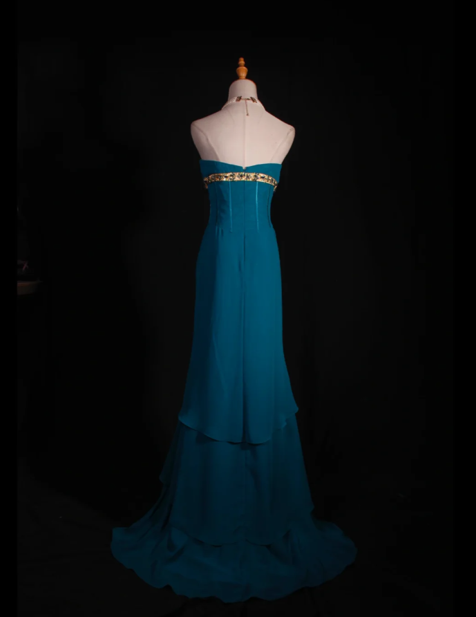 Elegant Blue-green Strapless Chiffon Layered Mermaid Long Evening Dress Formal Wedding Guest Dress With Beads D2258