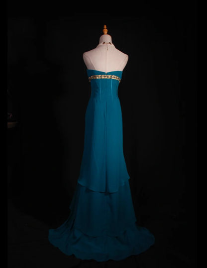 Elegant Blue-green Strapless Chiffon Layered Mermaid Long Evening Dress Formal Wedding Guest Dress With Beads D2258