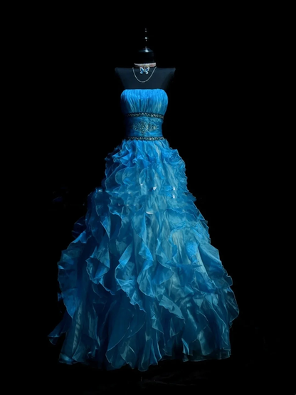 Vintage Ball Gown Strapless Blue Organza Ruffles Long Prom Dresses Party Dress D4463