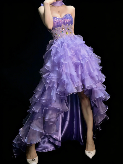 Princess Sweetheart Neck Lilac Sequin Beaded Tulle Ruffle Tiered High Low Long Evening Dress Birthday Party Gown D4881