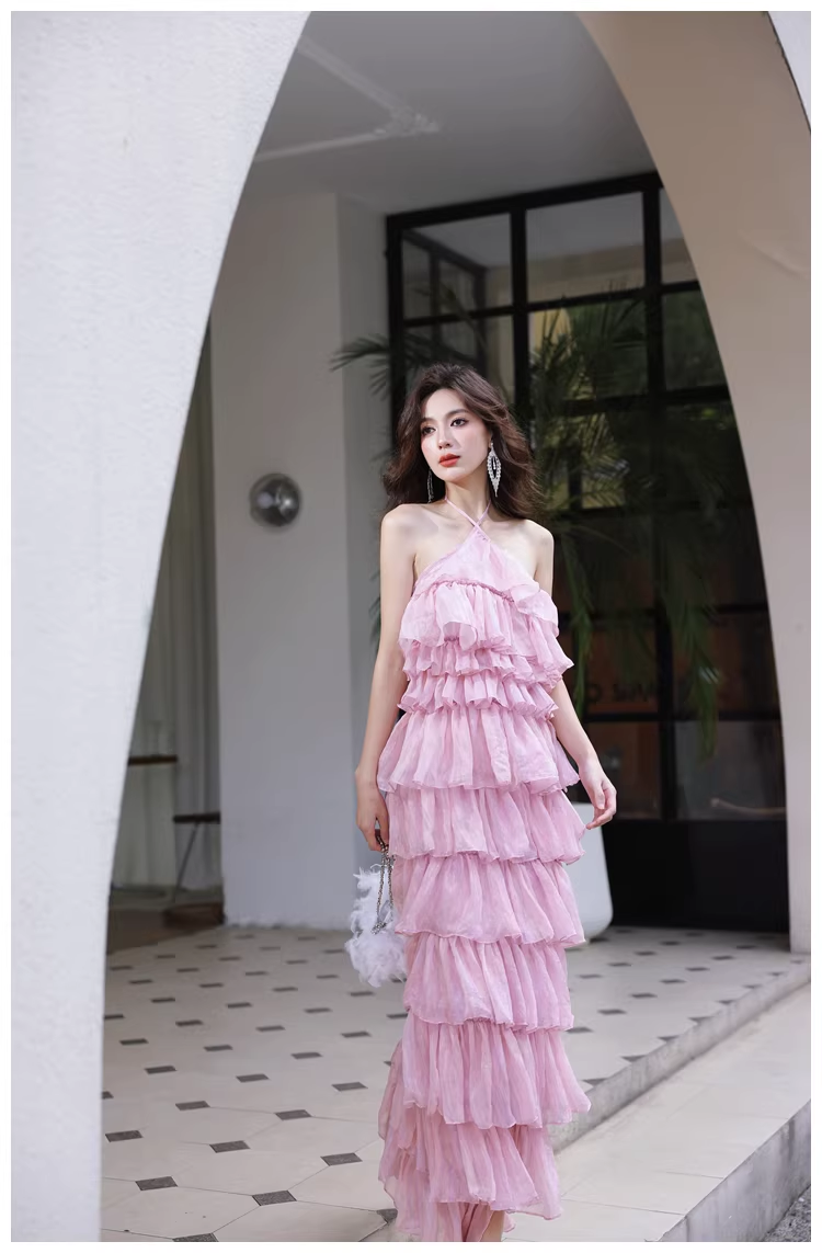 Pretty Pink Halter Chiffon Ruffle Layered Slit Long Birthday Prom Dress Evening Gown D2456