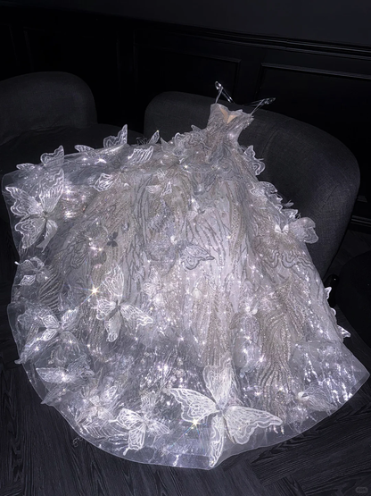 Glitter Strapless Tulle Sequin Beaded 3D Butterfly Long Wedding Dress Bridal Dress D3082