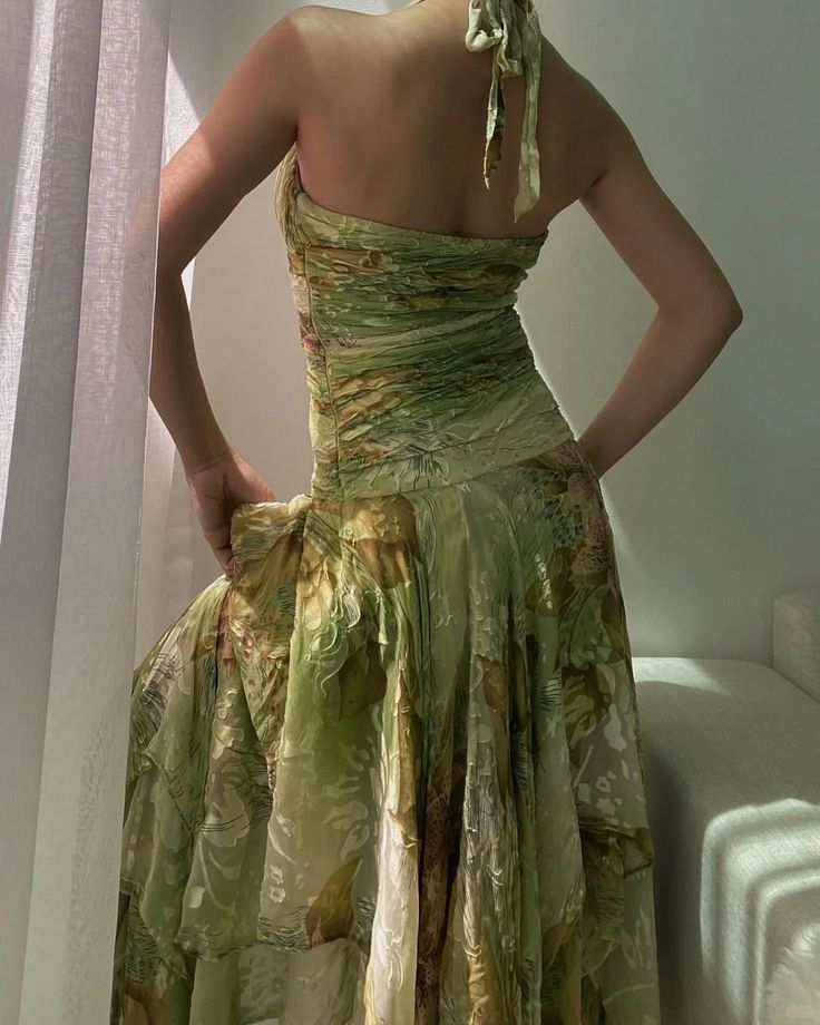 Vintage Halter Green Chiffon Print Floral Mermaid Long Evening Dress Birthday Dress D2970