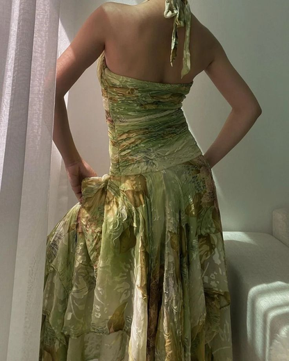 Vintage Halter Green Chiffon Print Floral Mermaid Long Evening Dress Birthday Dress D2970