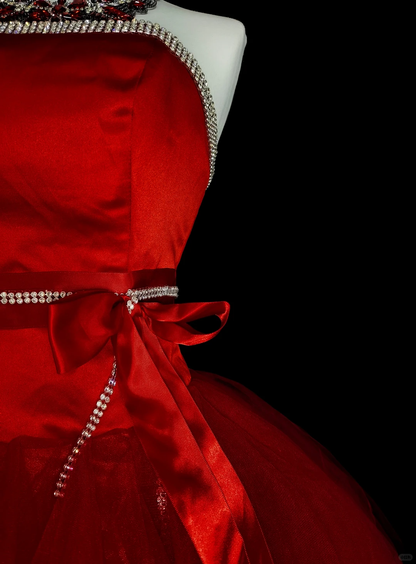 Gorgeous Red Strapless Satin Tulle Beaded A Line Short 8th Grade Homecoming Dress,Short Birthday Party Dress D4057