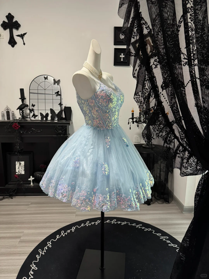 Cute Blue Spaghetti Straps Tulle Sequin Short Graduation Homecoming Dress Birthday Dress D4709