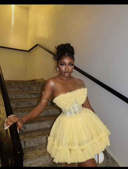 Cute Yellow Tulle A Line Short 6th Grade Homecoming Dress,Strapless Mini Prom Dress D3672