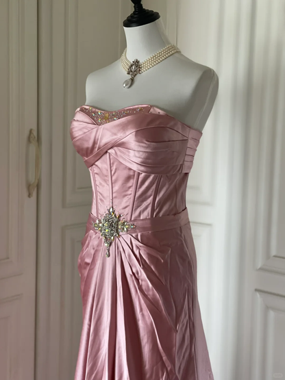 Fashion Strapless Satin Pleated Beaded Mermaid Party Gown,Pink Long Evening Dress D3109