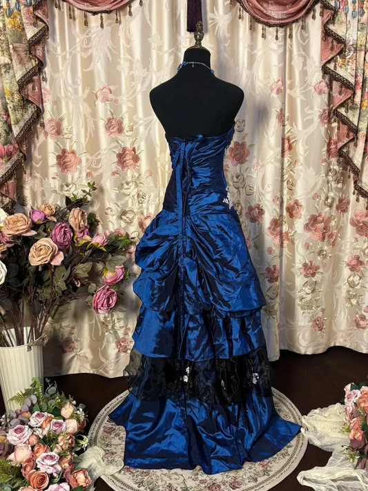 Retro Ball Gown Strapless Satin Navy Blue Long Party Dress Prom Dresses SD1499