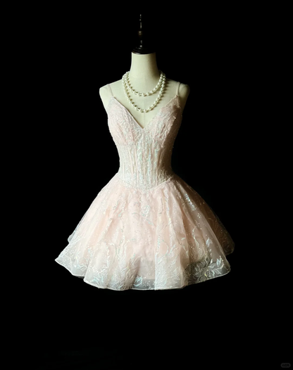 Glitter Pink Spaghetti Straps Tulle Sequin A Line Short Homecoming Dress Mini Party Dress D3252