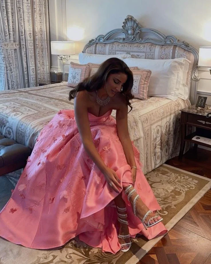 Gorgeous Pink Sweetheart Neck Satin Sequin Appliques Long Prom Dress Birthday Party Dress D1212