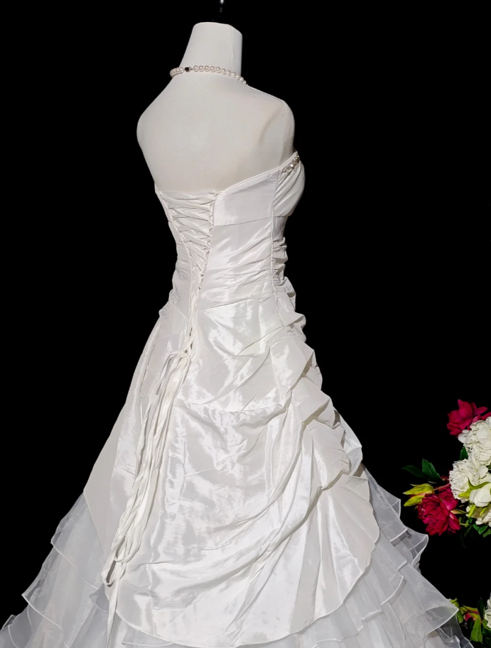 Pretty Strapless White Satin Tulle Beaded Ruffle Layered Mermaid Evening Dress Long Birthday Prom Dress D2375