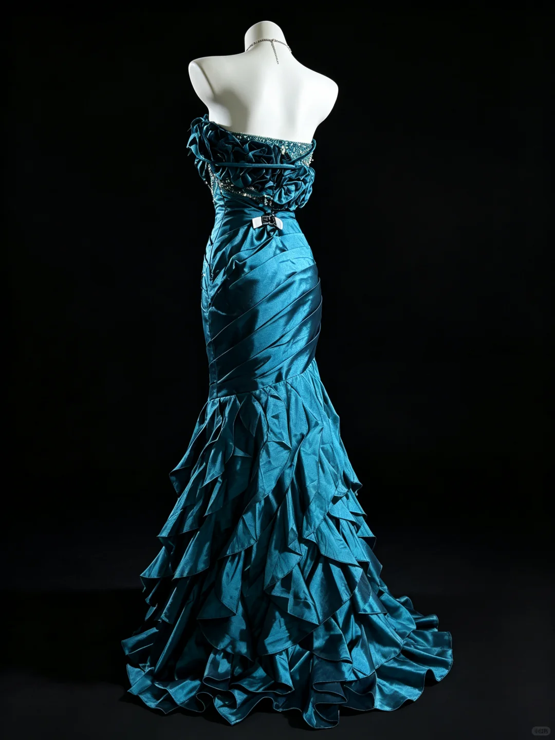 Pretty Blue Satin Pleated Beaded Mermaid Party Dress Strapless Long Evening Dress D5216