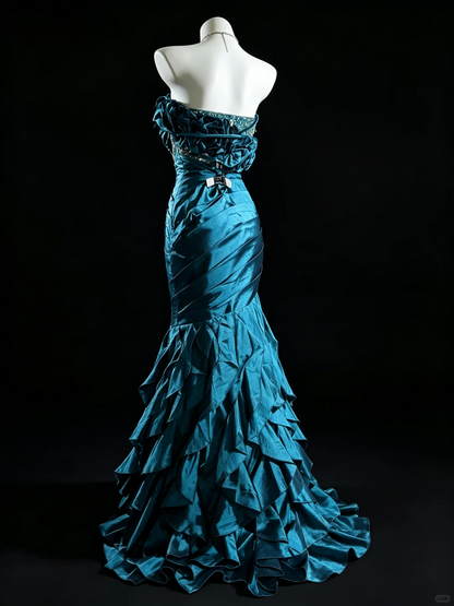 Pretty Blue Satin Pleated Beaded Mermaid Party Dress Strapless Long Evening Dress D5216