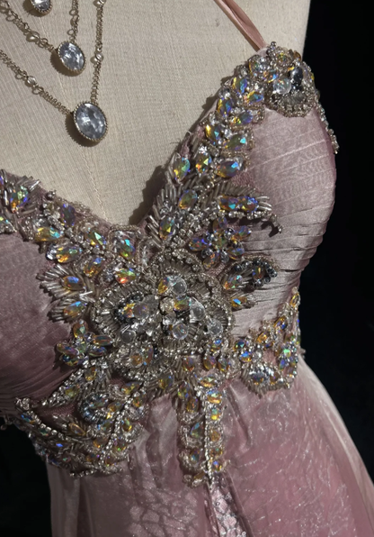 Glamorous Pink Halter Satin Lace Beaded Mermaid Evening Dress Long Birthday Prom Dress Party Gown D2069