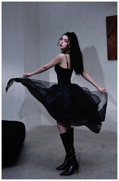 Gorgeous Black Organza Satin Beaded Long Party Dress Birthday Evening Dress D2445