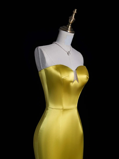Unique Sweetheart Neck Satin Long Party Dress Yellow Mermaid Long Evening Dress With Feathers D4854