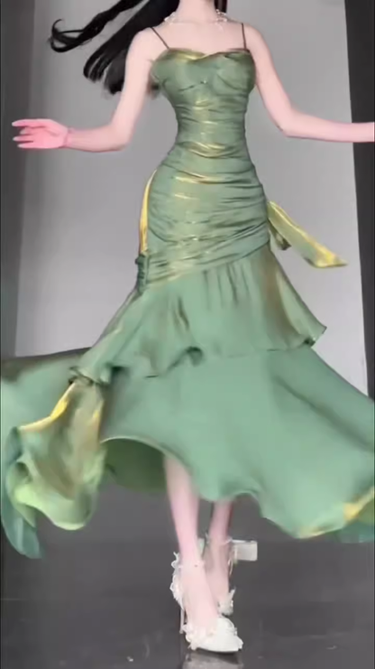 Retro Mermaid Spaghetti Straps Green Prom Dresses Birthday Outfits With Flower SD537