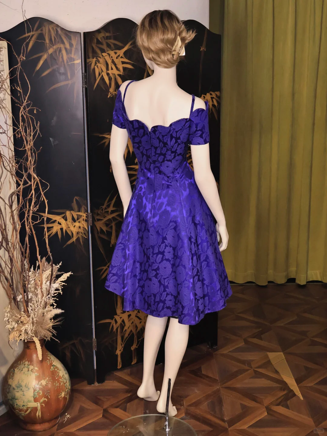 Vintage Purple Rose Floral Print A Line Homecoming Dress Off The Shoulder Mini Prom Dress S733