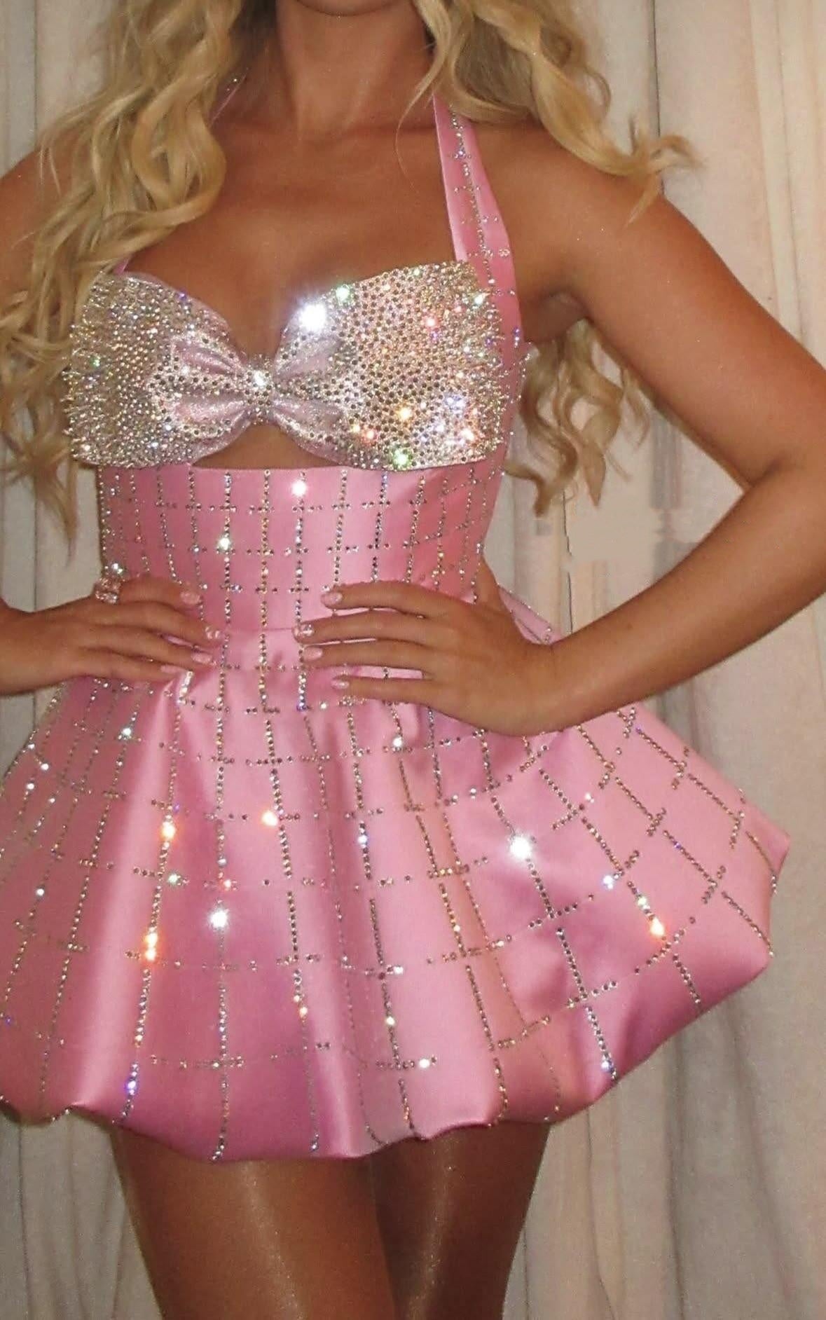 Glitter Pink Satin Beaded A Line Short Homecoming Dress Halter Short Party Dress D4313