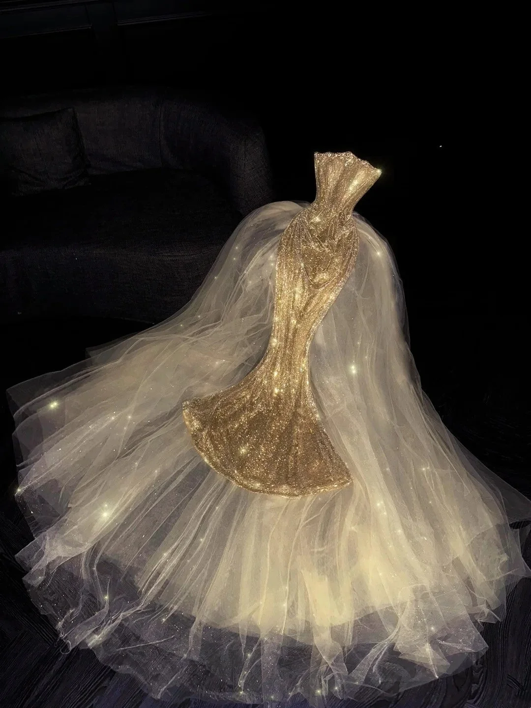 Gorgeous Strapless Gold Sequin Tulle Mermaid Long Evening Dress Birthday Party Dress D4560