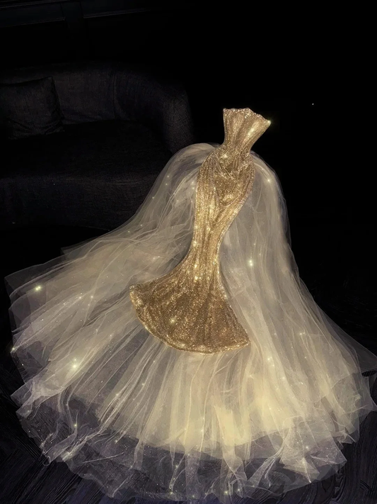 Gorgeous Strapless Gold Sequin Tulle Mermaid Long Evening Dress Birthday Party Dress D4560
