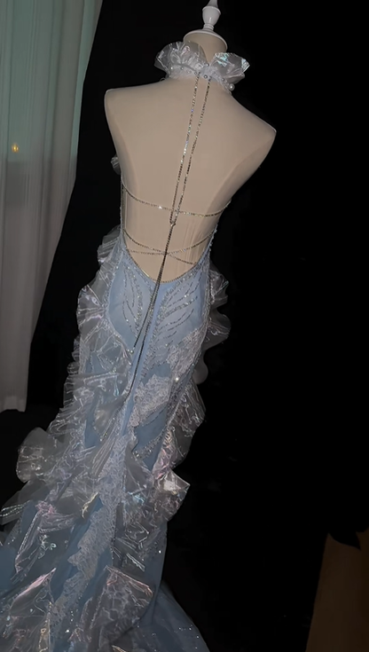 Glamorous Halter Satin Beaded Tulle Ruffles Mermaid Evening Dress Light Blue Backless Party Dress D5166