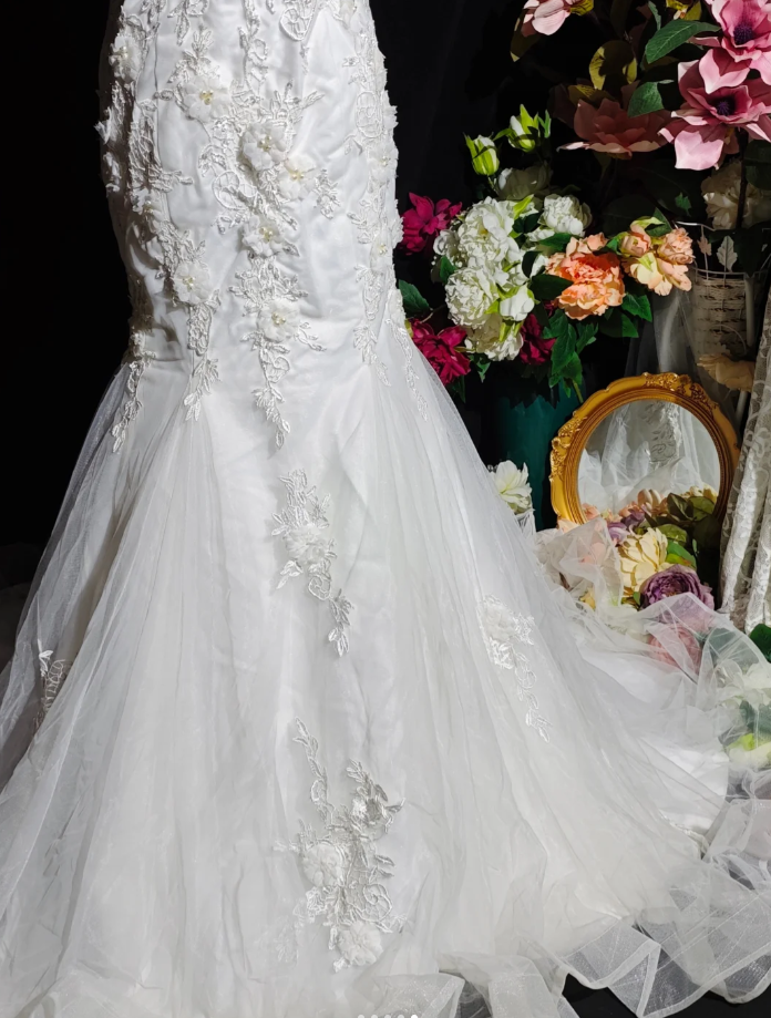 Fairy Strapless White Tulle Appliques Mermaid Long Party Dress Birthday Evening Dress D2374