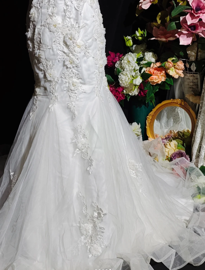 Fairy Strapless White Tulle Appliques Mermaid Long Party Dress Birthday Evening Dress D2374