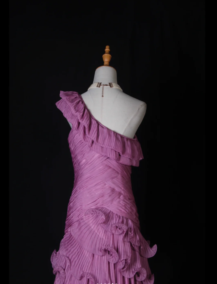 Fairy One Shoulder Purple Chiffon Pleated Ruffles Layered Mermaid Prom Dress Formal Birthday Cake Dress D2272