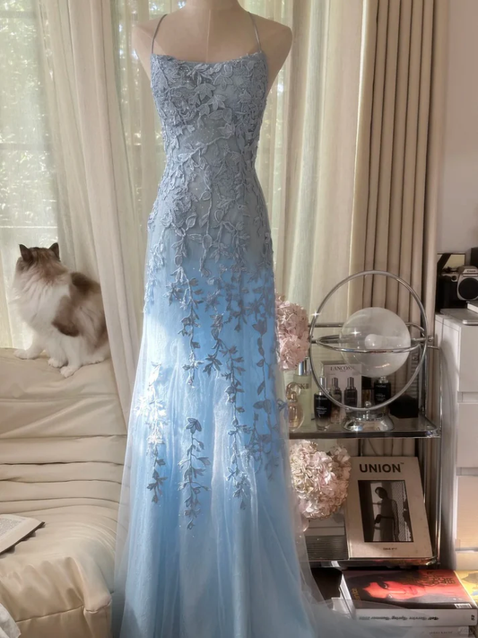 Classy Sky Blue Tulle Appliques Mermaid Long Wedding Guest Dress Evening Dresses D1915
