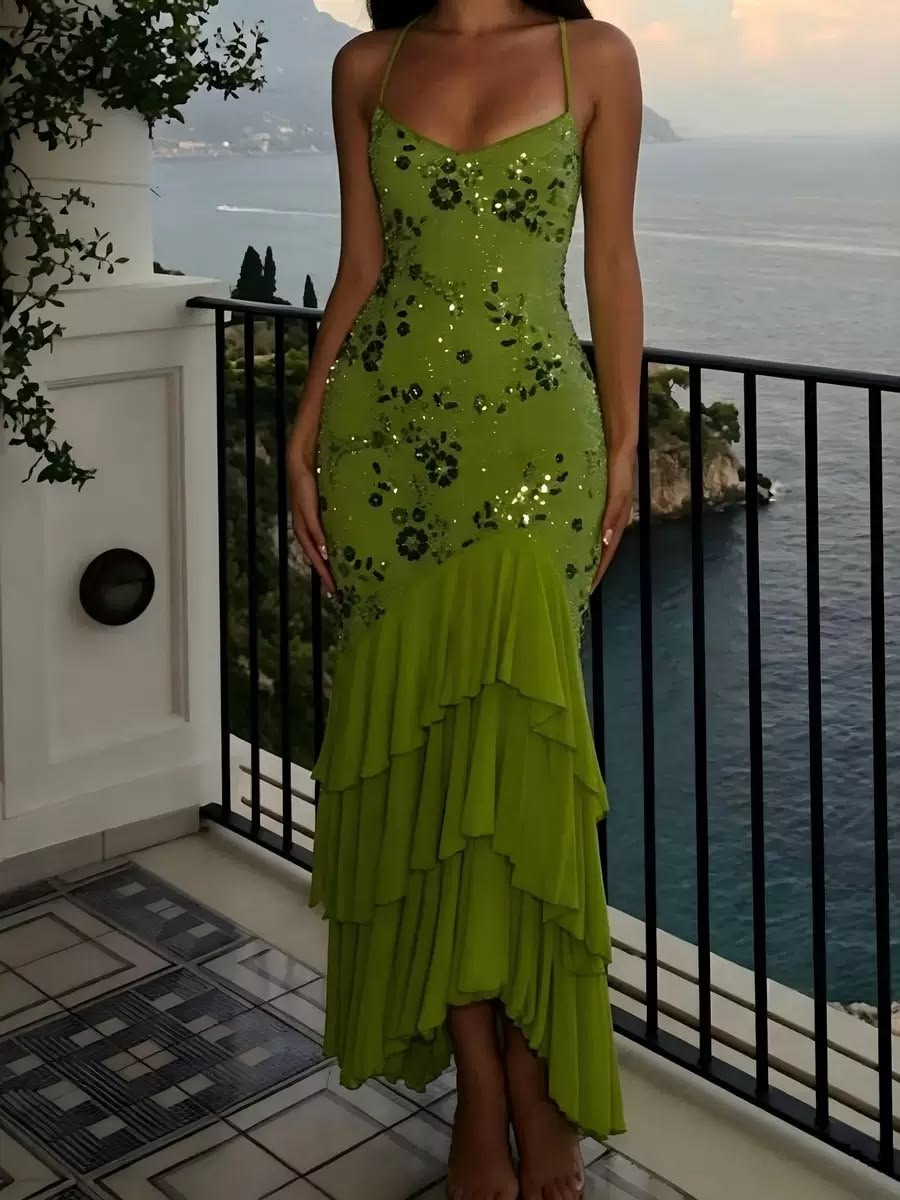 Sparkly Spaghetti Straps Green Sequin Chiffon Layered Ruffle Mermaid Long Party Dress Prom Dresses D4799