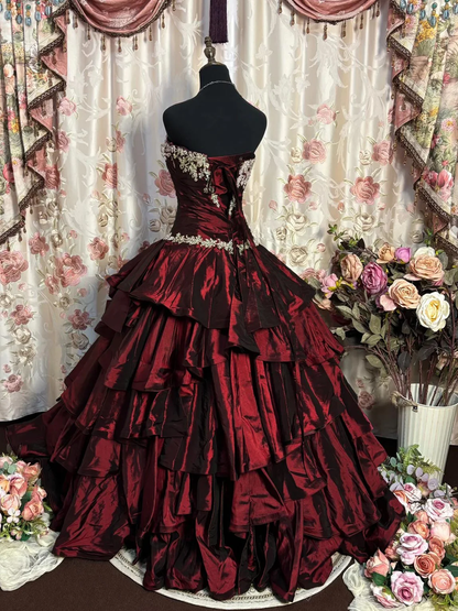 Vintage Strapless Ball Gown Burgundy Satin Layered Formal Quinceanera Dress Sweet 16 Dress With Appliques D2018