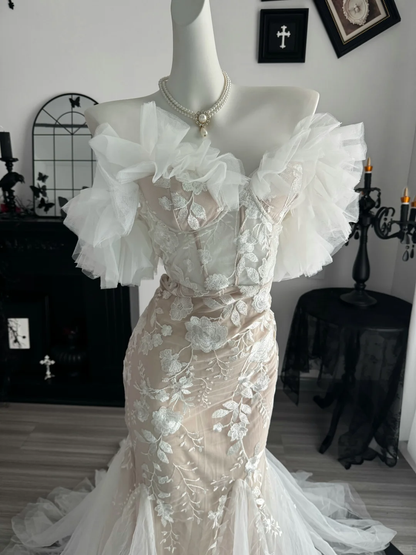 Classy Champagne Off The Shoulder Tulle Floral Mermaid Long Party Dress Evening Gown D3717