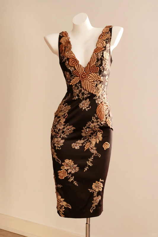 Vintage Black V Neck Satin Embroidery Beaded Sheath Knee-length Evening Dress Spaghetti Straps Sleeveless Birthday Dress D2731