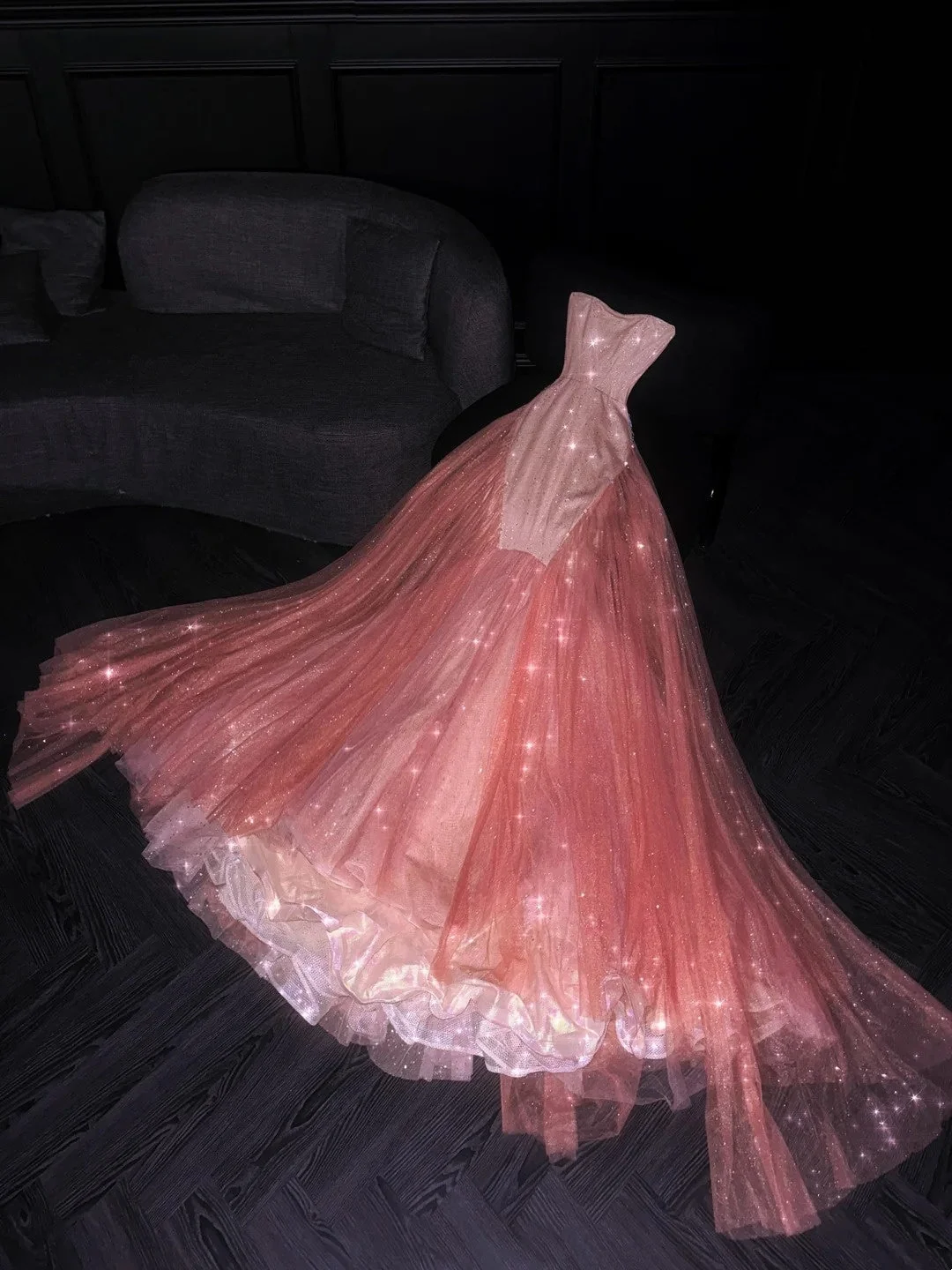 Pretty Strapless Satin Tulle Sequin Beaded Long Party Dress Pink Mermaid Long Evening Dress D4561