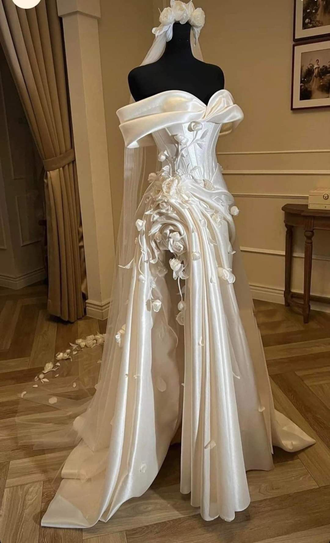 Charming Off The Shoulder White Satin Pleated Mermaid Long Wedding Dress With Flowers D1077