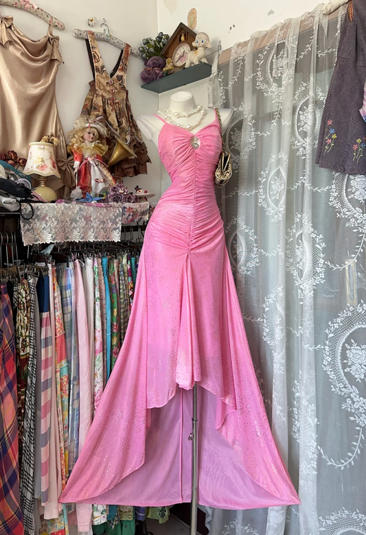 Charming Spaghetti Straps V Neck Satin Sequin Mermaid Party Dress,Pink Long Prom Gowns D2879