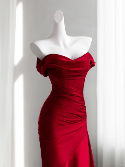 Classy Red Satin Pleated Mermaid Long Evening Dress Off The Shoulder Wedding Guest Dress D2468