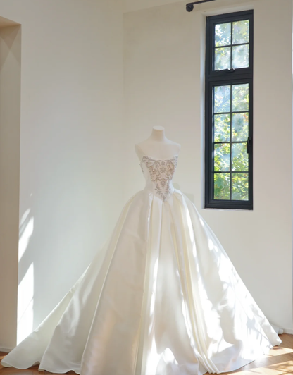 Elegant Strapless White Satin Beaded Ball Gown Long Wedding Dress D2157