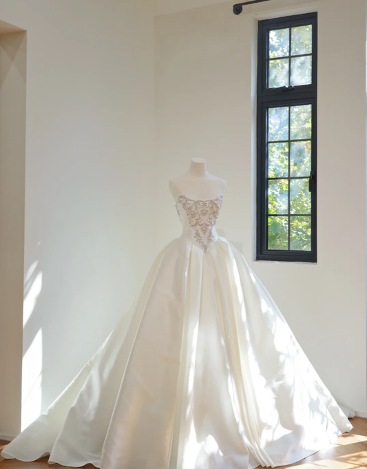Elegant Strapless White Satin Beaded Ball Gown Long Wedding Dress D2157