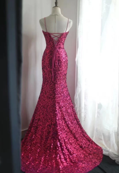Sparkly Spaghetti Straps Hot Pink Sequin Mermaid Slit Evening Dress Long Wedding Guest Dress D2198