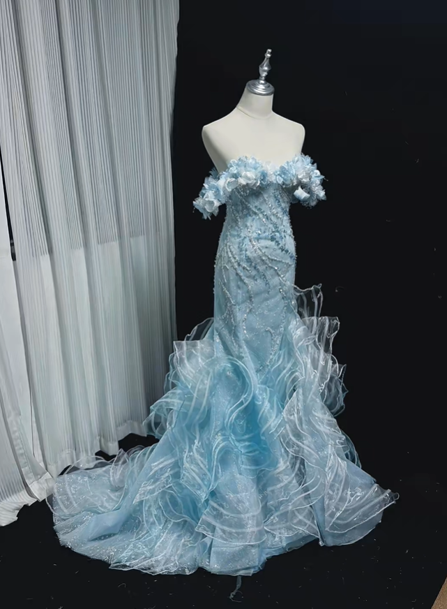 Glamorous Light Blue Mermaid Long Evening Dress Off The Shoulder Tulle Sequin Applique Party Dress D5168