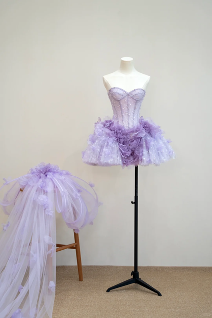 Charming Sweetheart Neck Tulle Beaded Short 16th Birthday Outfits,Purple Homecoming Dress With Bow D3062