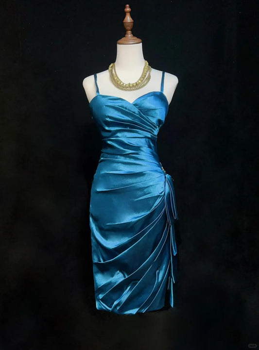 Elegant Blue Spaghetti Straps Satin Pleated Sheath Short Homecoming Dress Birthday Dress D3373